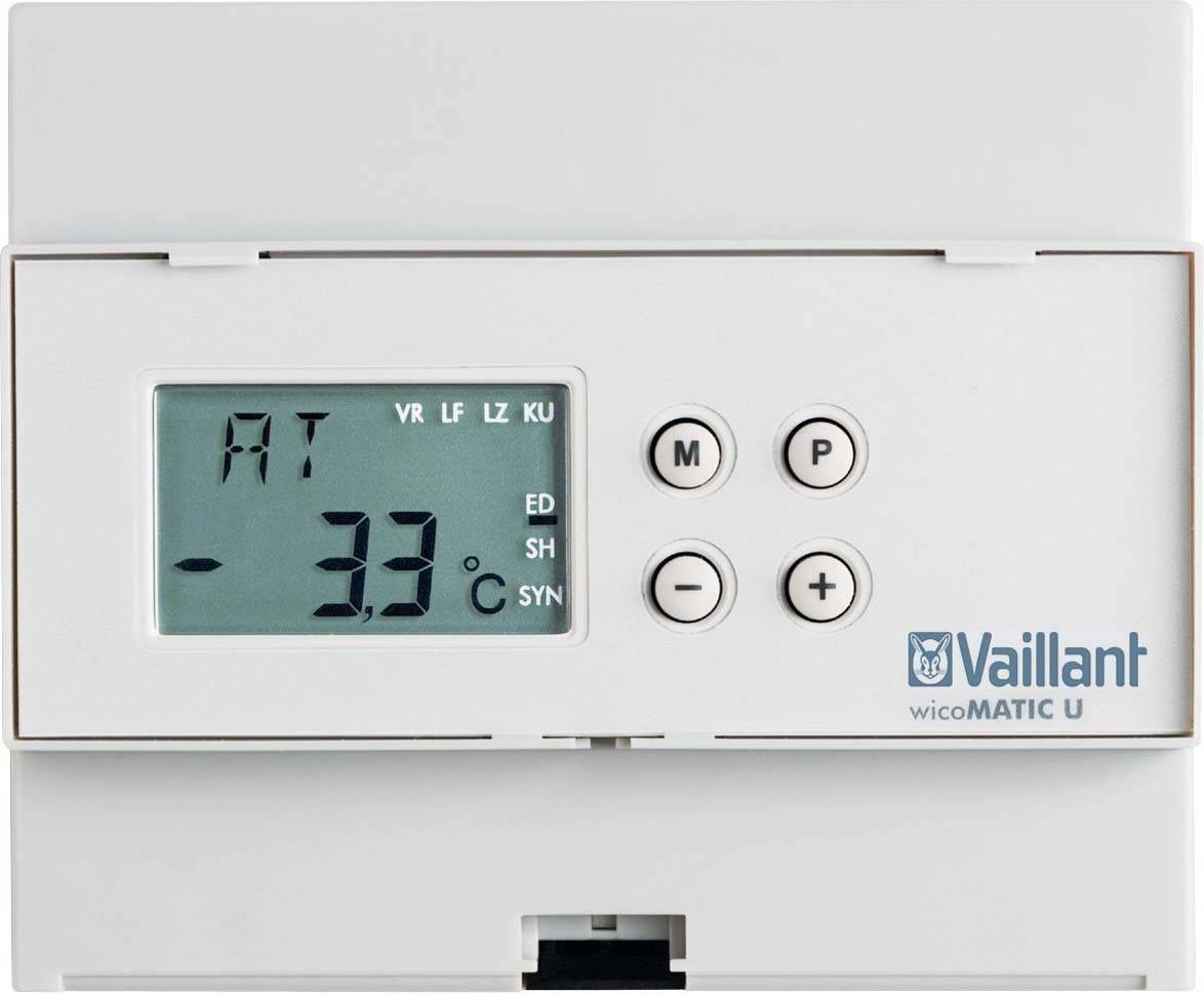 Digitales Thermostat mit Display zeigt '-3°C'. Vier Knöpfe zur Steuerung. Marke: Vaillant. Modell: wicoMATIC U.