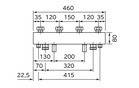 Ein technisches Diagramm einer Metallplatte mit Maßen. Die Gesamtlänge beträgt 460 mm, Breitenangaben zwischen 35 mm und 130 mm.