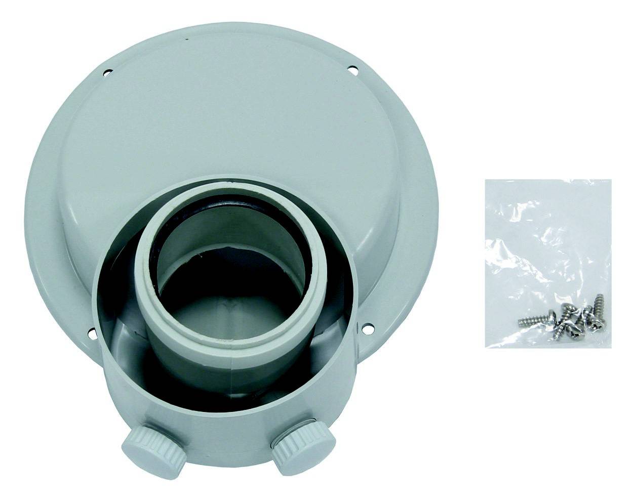 Runde, graue Metallhalterung mit zwei seitlichen Schraubenlöchern, zusätzlich sechs kleine Schrauben in einer separaten Tüte.