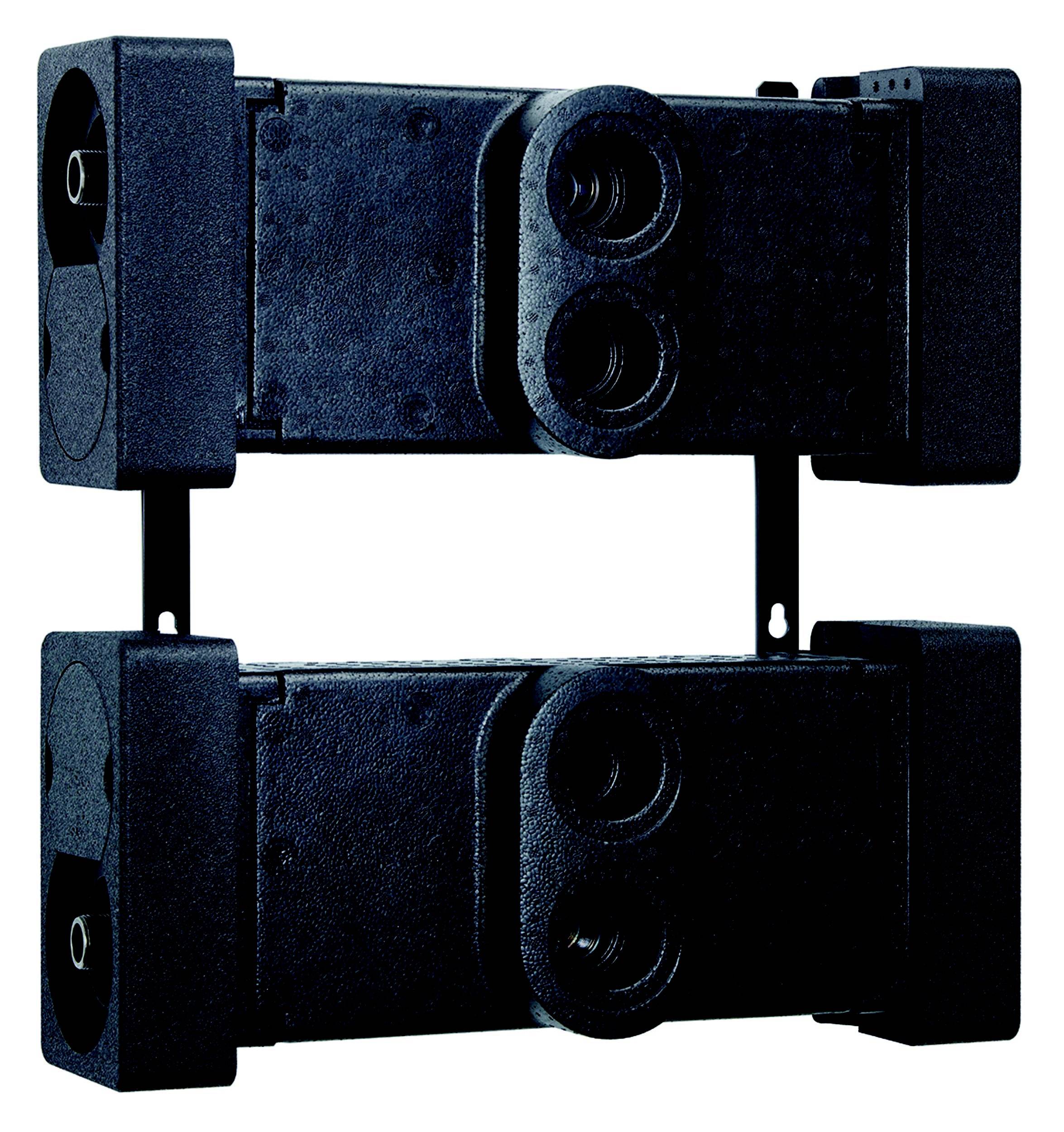 Ein schwarzes Sicherheitslichtschranke-Modul mit zwei Linsen, montiert auf einem vertikalen Metallrahmen für Zugangskontrolle.