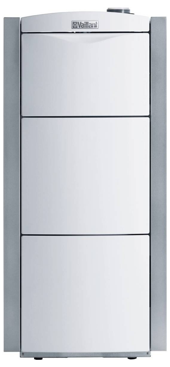 Ein weißes, aufrecht stehendes Vaillant-Heizsystem mit schlankem, modernem Design. Es verfügt über einen einfachen Bedienknopf in der oberen rechten Ecke.