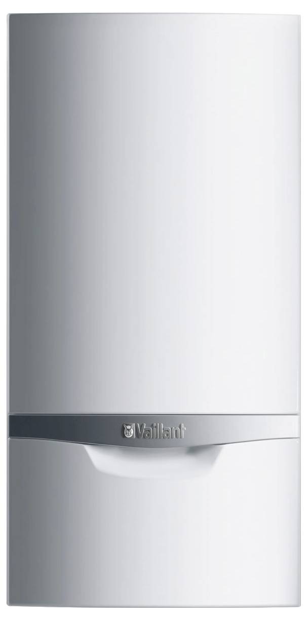 Ein weißer, wandmontierter Boiler mit einfachem, modernem Design und einem kleinen Logo in der Nähe des Griffs.