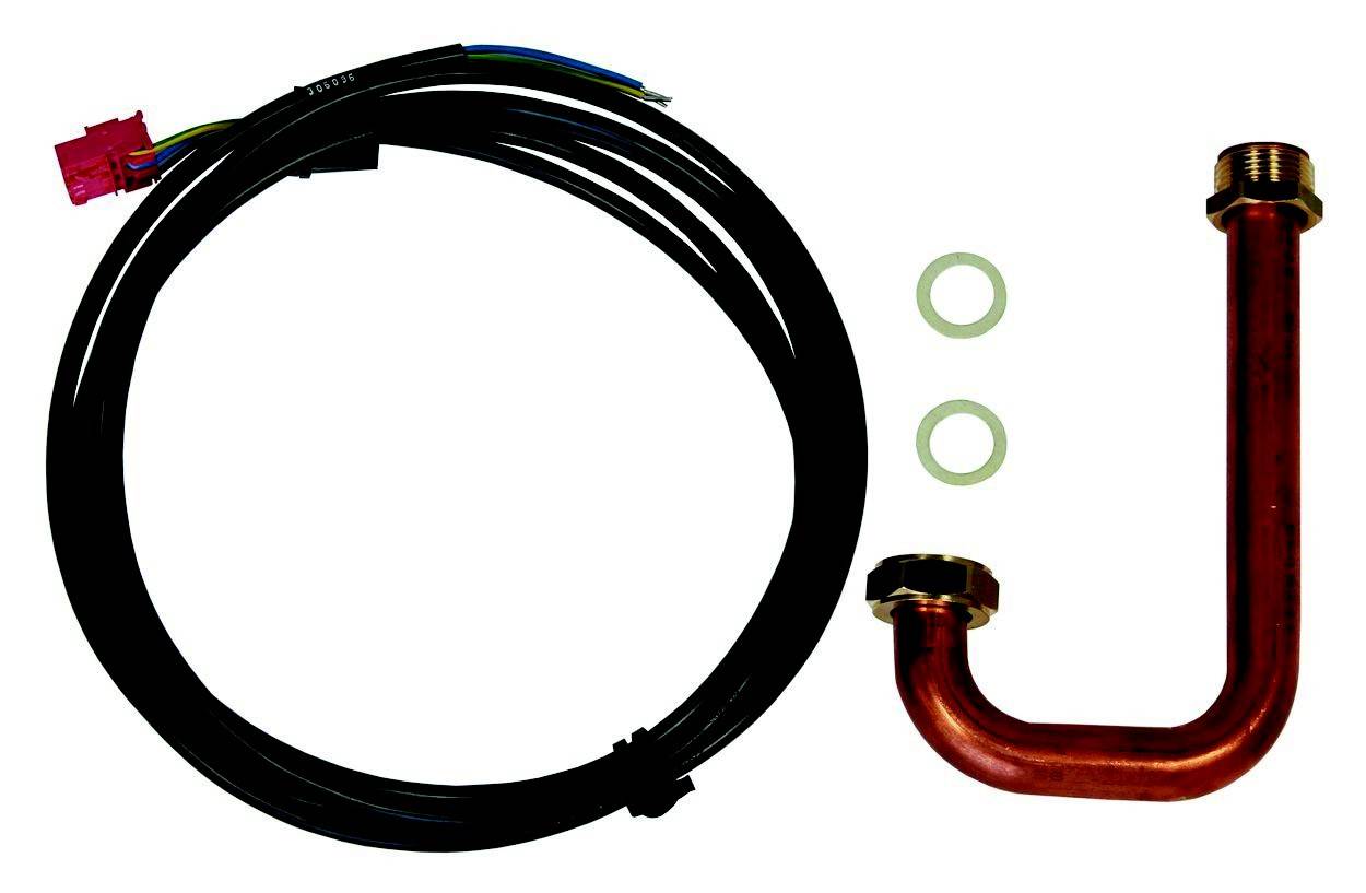 Kabel und Kupferrohr in U-Form mit zwei Dichtungen. Elektroinstallationszubehör für technische Anwendungen.