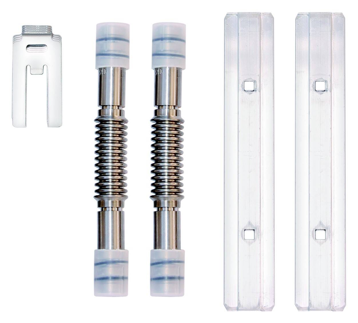 Zwei Metallfedern mit Kunststoffenden, zwei transparente Kunststoffleisten und ein kleines weißes Metallteil auf weißem Hintergrund.