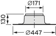 Technische Zeichnung eines runden Teils mit einem Durchmesser von 447 mm und einer Höhe von 130 mm. Obere Fläche Durchmesser 171 mm.