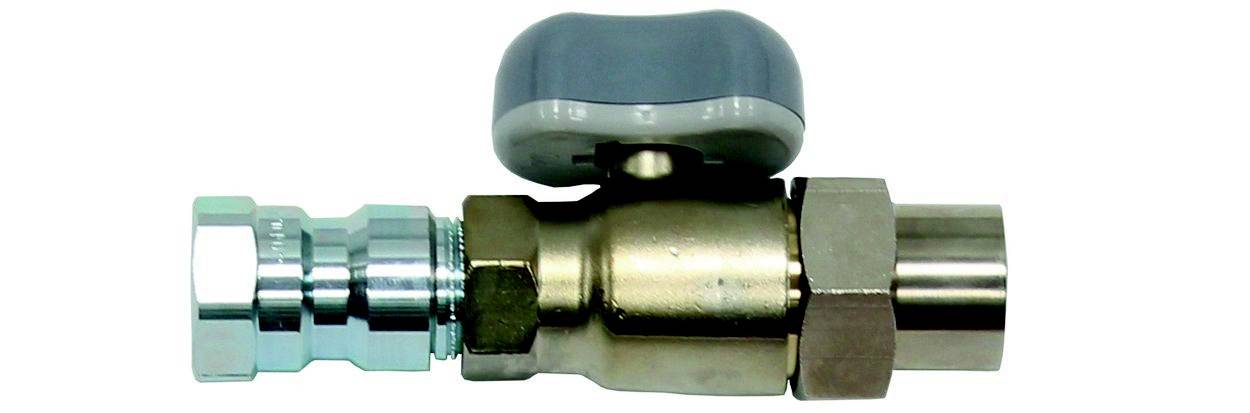 Metallisches Schnellkupplungsventil mit grauem Hebelgriff, verwendet in Hydrauliksystemen, glänzende Oberfläche, seitliche Ansicht.