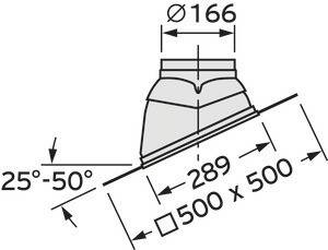 Technische Zeichnung einer schrägen Rohrabdichtung mit Durchmesser 166 mm, Neigungswinkel 25-50 Grad, Basis 500 x 500 mm.