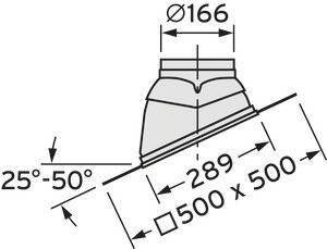 Technische Zeichnung eines Dachelements mit Maßen: Durchmesser 166 mm, Breite 289 mm. Neigungswinkel zwischen 25° und 50°.