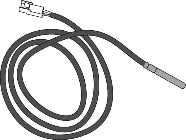 Abbildung eines elektrischen Sensors mit langem Kabel und Stecker. Der Sensor hat eine zylinderförmige Spitze und ist zur Temperaturmessung.