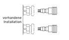 Illustration zeigt eine 'vorhandene Installation' mit zwei Steckverbindungen, die in eine Wand montiert sind.