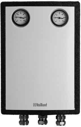 Ein Heizgerät mit zwei Druckanzeigen oben und drei Anschlüssen unten, markiert mit 'Vaillant'.