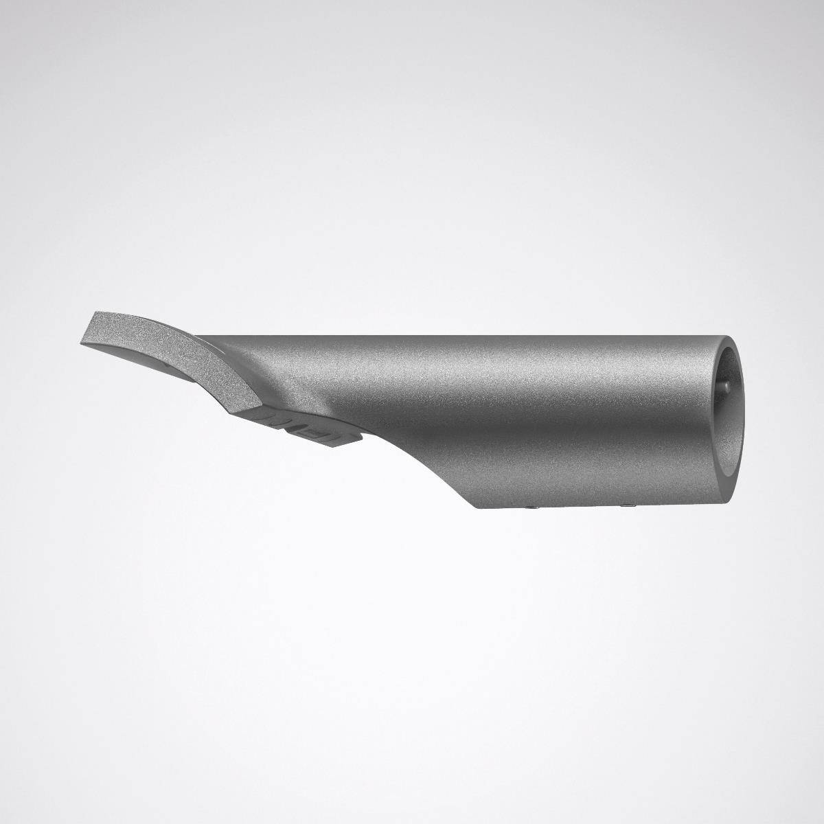 Silbernes Metallbauteil mit zylindrischem Körper und abgeflachtem, gerundetem Ende, vor grauem Hintergrund.