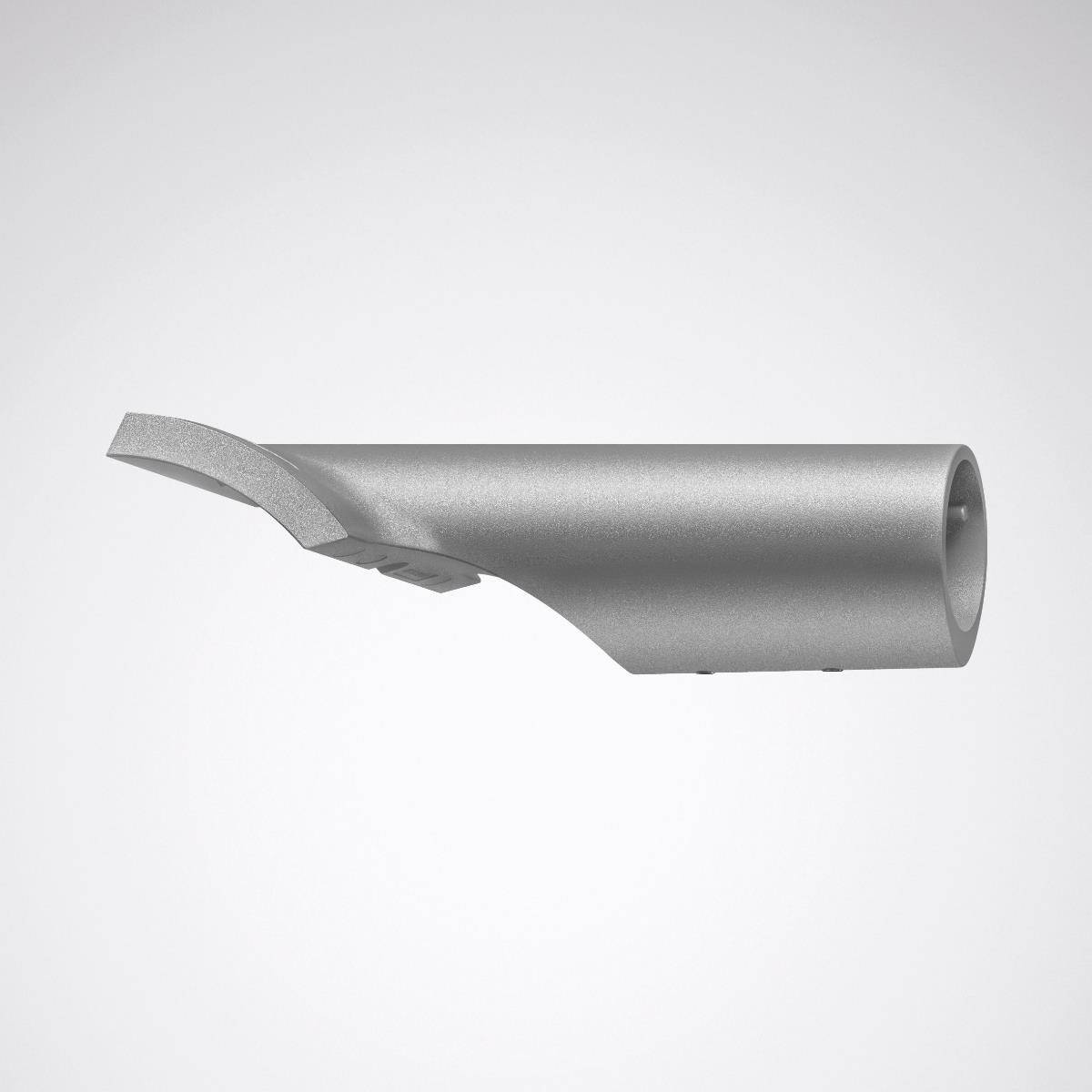 Ein silbernes Metallteil mit zylindrischer Form und gebogenem Abschnitt, auf neutralem Hintergrund dargestellt.