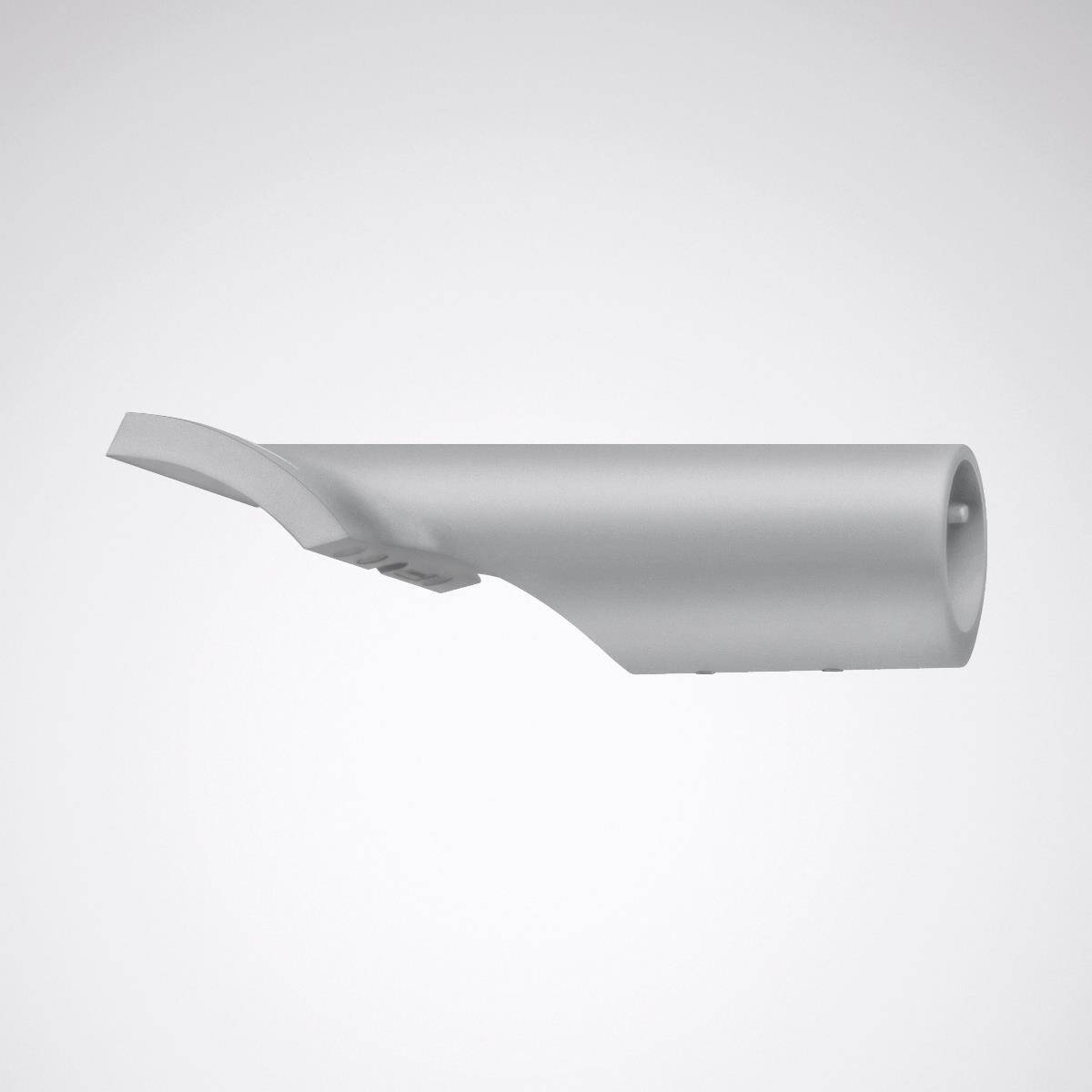 Ein silbernes Wandhalterungsstück für ein Deckenventilationssystem. Es hat eine gebogene Form und dient der Befestigung an einer Wand.