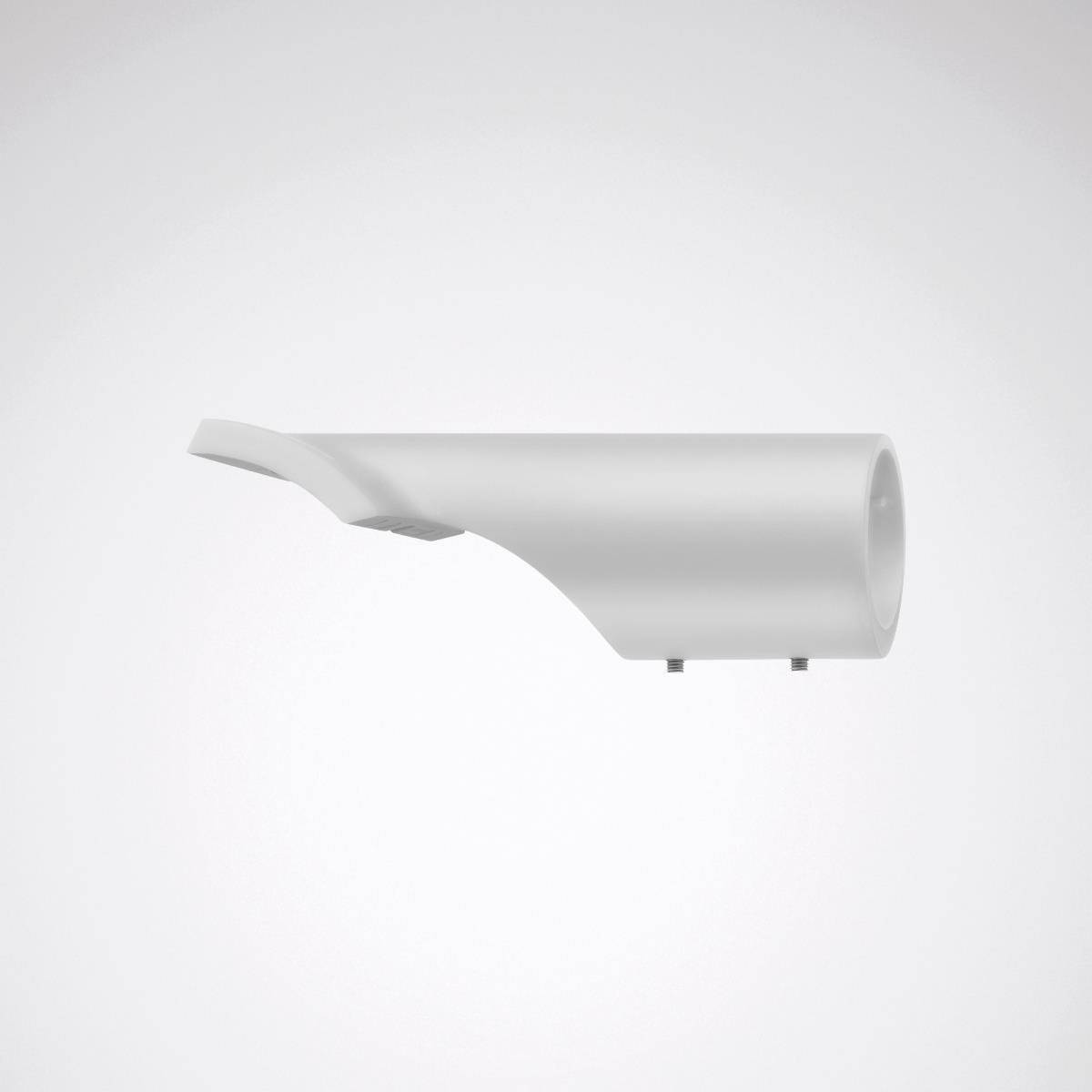 Weißer, aerodynamisch geformter Gegenstand mit rundem Hohlraum und leicht gebogenem Ende, schwebend vor grauem Hintergrund.