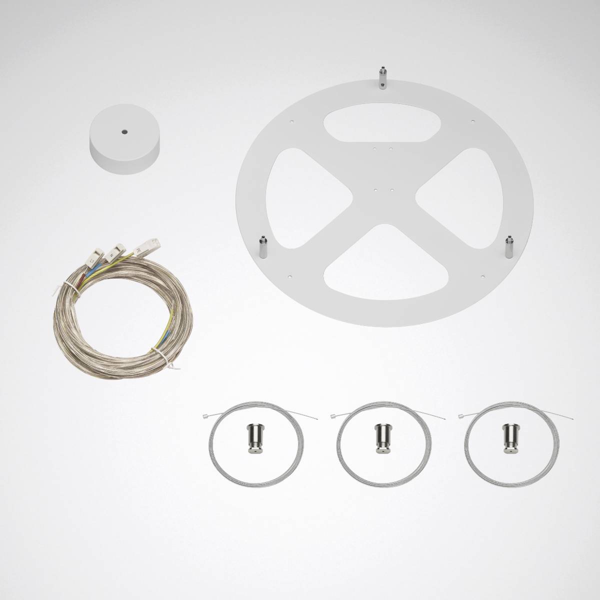 Montage-Set für eine runde Lampe: Kabel, Befestigungsscheibe, drei Deckenklemmen und Verbindungskabel. Ideal für Deckeninstallation.