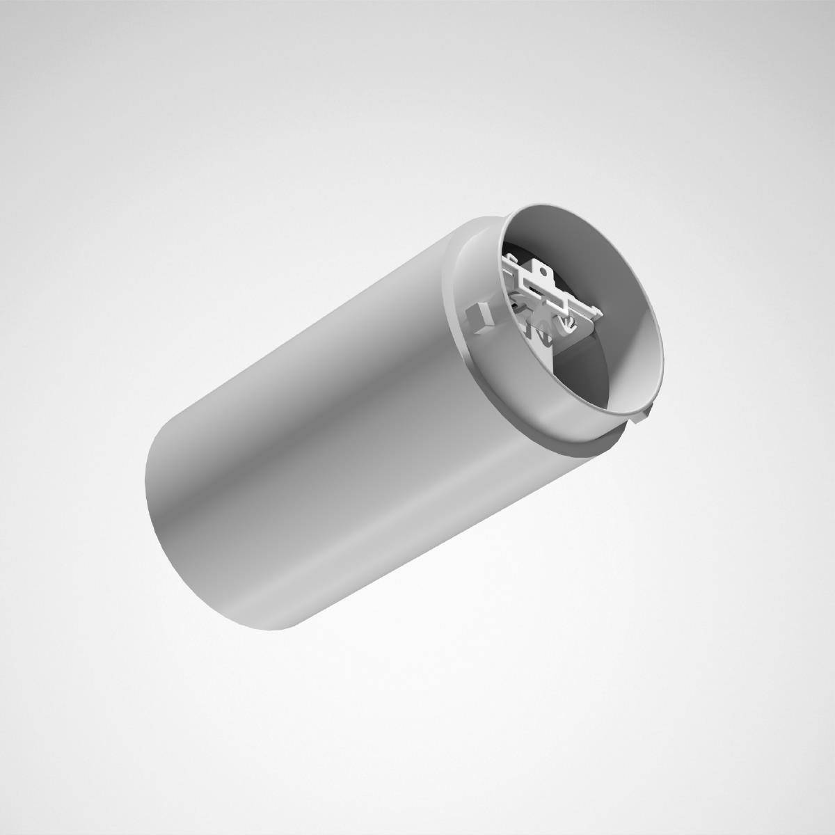 Eine silberne, zylindrische Batterie in einer Nahaufnahme, auf einem weißen Hintergrund, geöffnet, um innere Komponenten zu zeigen.