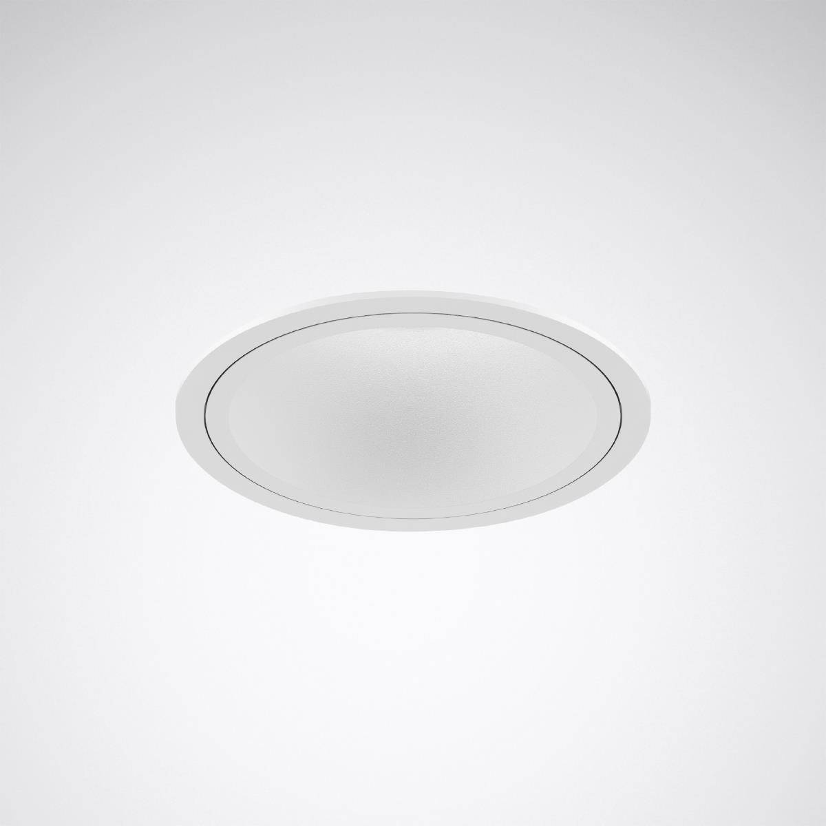 Einbauleuchte in der Decke mit rundem, weißem Rahmen und glatter Oberfläche. Sie dient zur modernen Raumbeleuchtung.