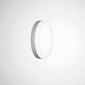 Runde, weiße Wandleuchte auf schlichtem Hintergrund; modernes und minimalistisches Design. Ideal zur dezenten Raumbeleuchtung.