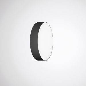 Eine schwarze, kreisförmige LED-Wandleuchte mit schlichtem Design auf hellgrauem Hintergrund.