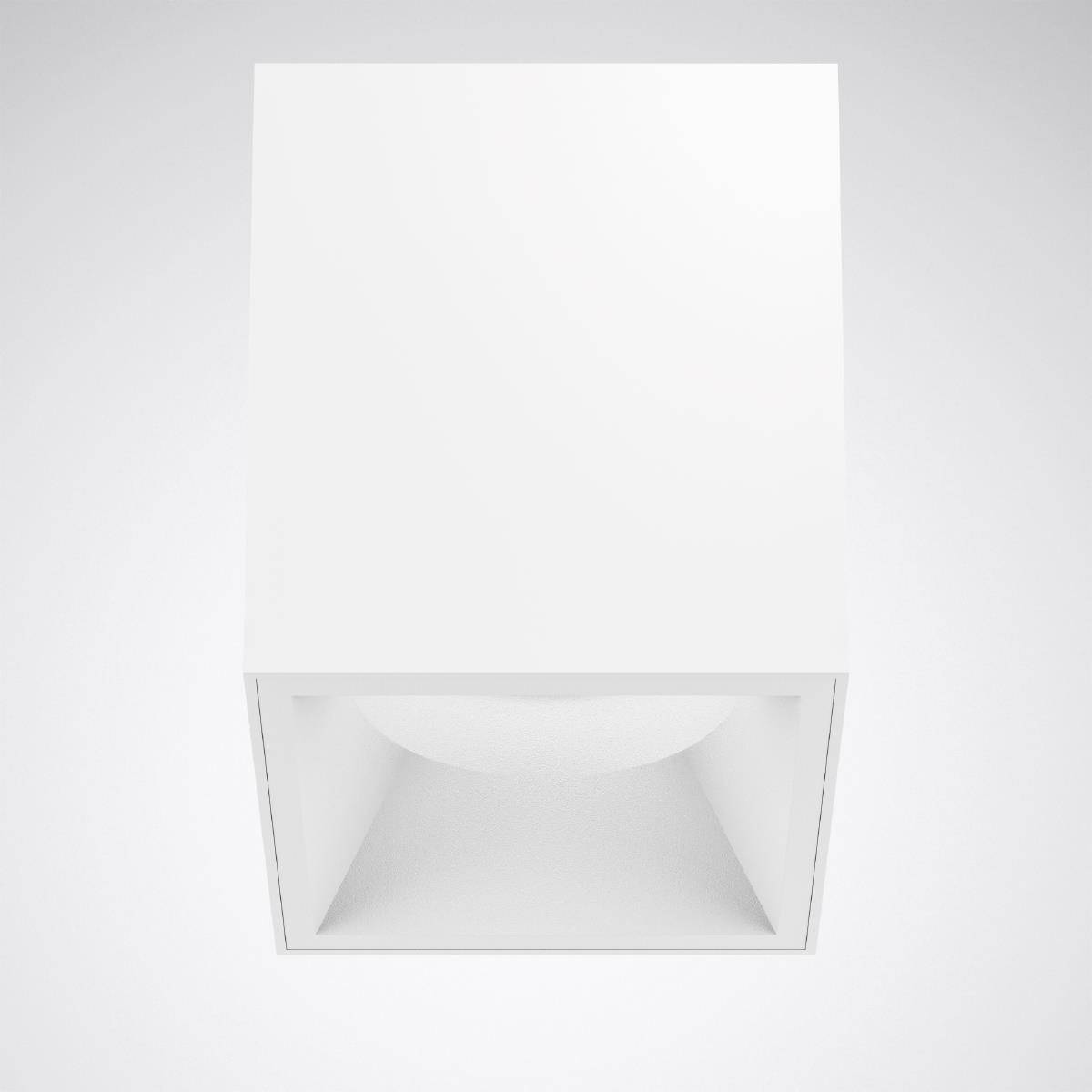 Eine quadratische, weiße Deckenleuchte mit minimalistischem Design, die direkt von oben betrachtet wird.