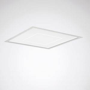 Quadratische Deckenleuchte in modernem, minimalistischen Stil mit weißem Rahmen, zentral platziert an der Decke.