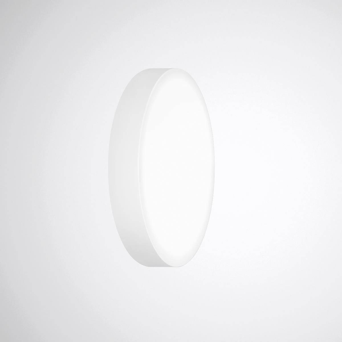 Eine weiße runde LED-Leuchte mit schlichtem Design vor einem grauen Hintergrund.