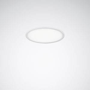 Ein runder, weißer Deckenstrahler leuchtet gleichmäßig auf eine glatte, graue Oberfläche und sorgt für dezentes Umgebungslicht.