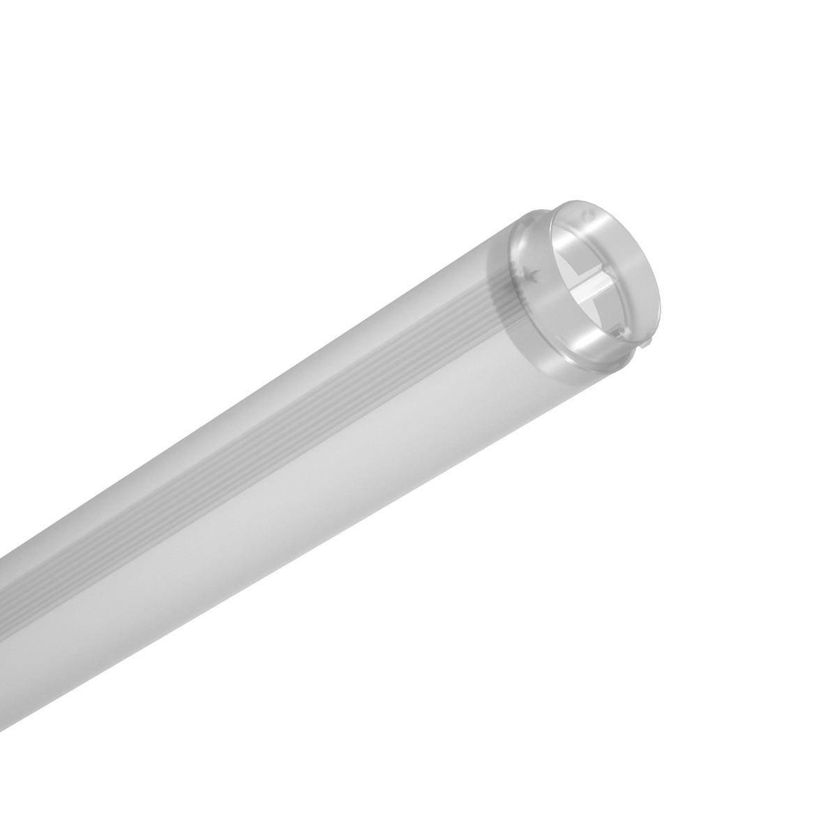 Ein schmaler, transparenter Kunststoffzylinder, möglicherweise eine Abdeckung für eine LED-Leuchtstoffröhre, vor weißem Hintergrund.