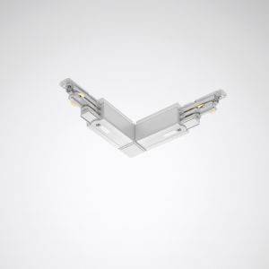 Eckverbindung von zwei linearen Schienen an einer Decke, Teil eines modularen Beleuchtungssystems, montiert in einem 90-Grad-Winkel.