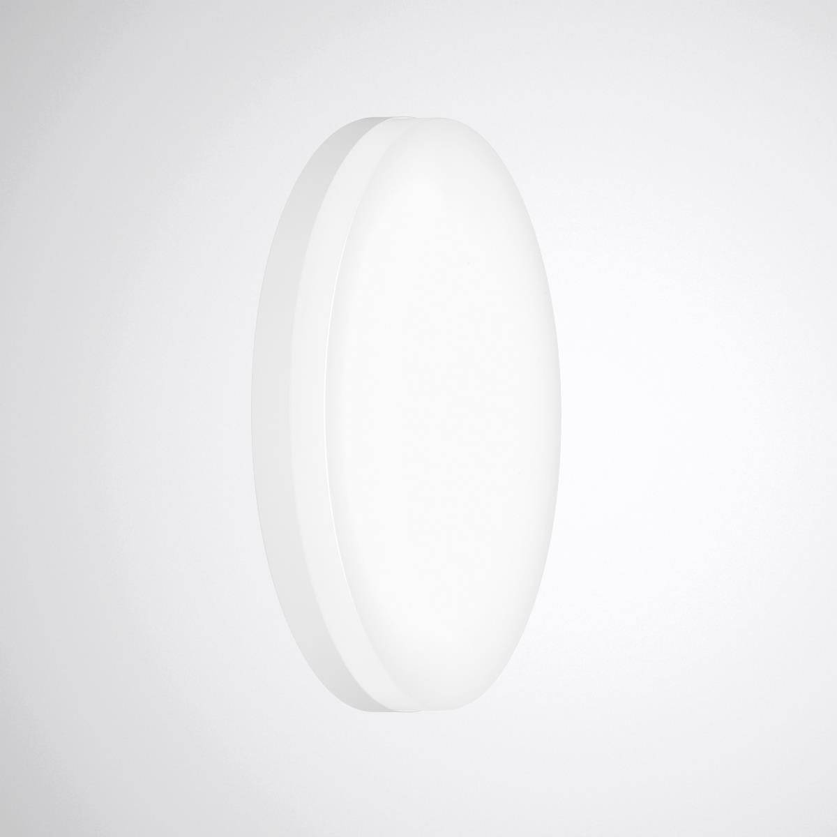 Eine runde, weiße LED-Deckenleuchte vor einem grauen Hintergrund. Die Lampe hat eine glatte Oberfläche und strahlt gleichmäßig aus.