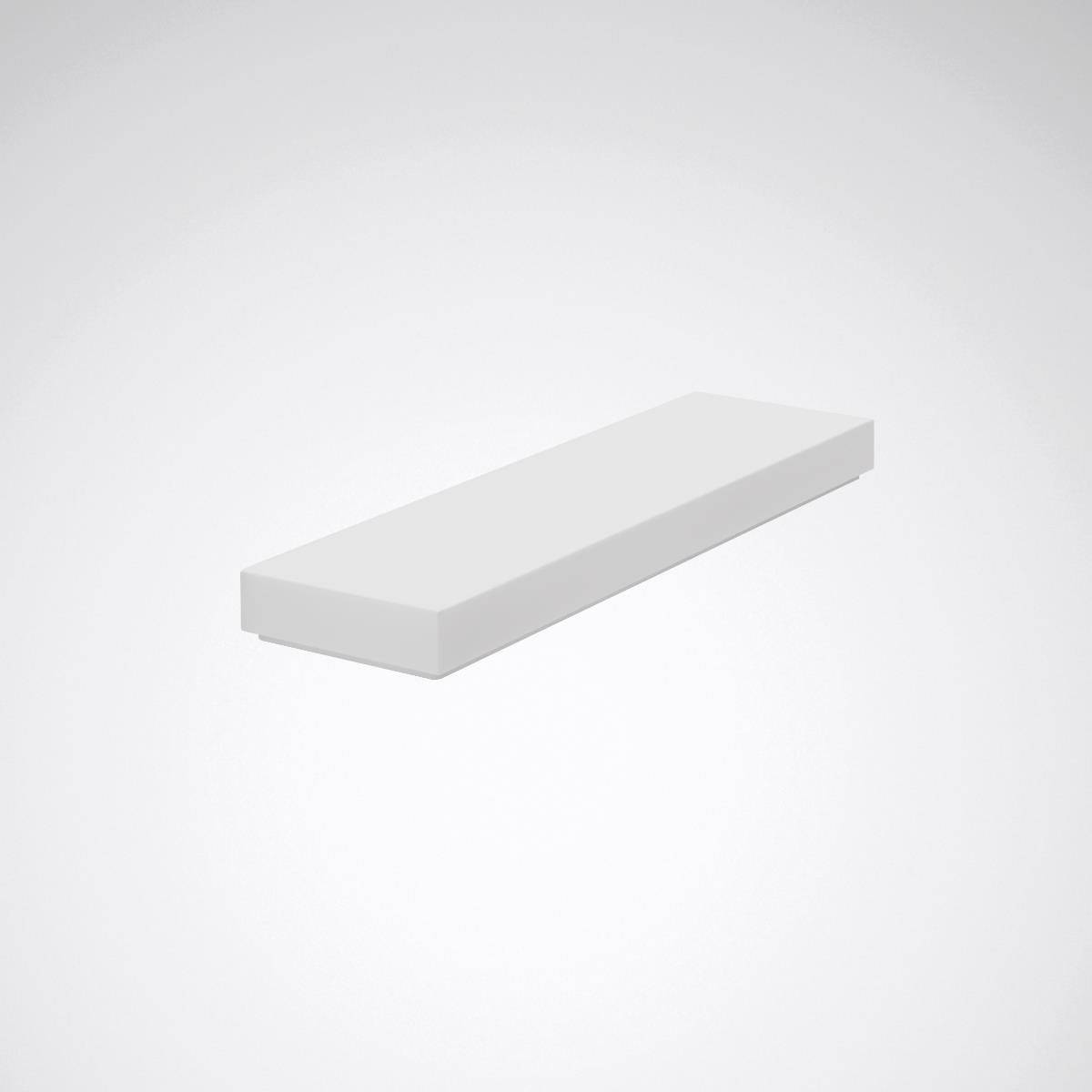 Ein einfacher, weißer rechteckiger Tisch oder Regal schwebt zentral auf grauem Hintergrund. Minimalistisches Design ohne sichtbare Details.