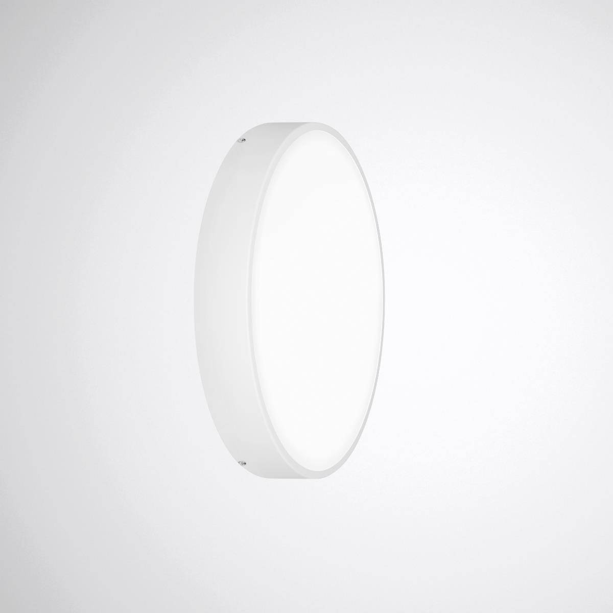 Runde, weiße LED-Wandleuchte an hellgrauer Wand montiert.