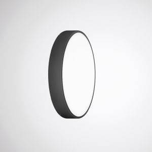 Wandmontierte runde LED-Leuchte mit dunklem Rahmen, leuchtet hell vor einem weißen Hintergrund.