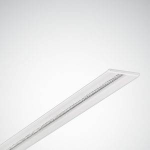 Ein lineares LED-Deckenlicht in einem schlichten Raum, installiert in einer weißen Deckenverkleidung. Minimalistisches Design.