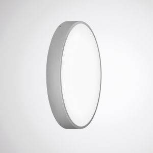 Eine runde, flache Deckenleuchte mit weißem Leuchtkörper und grauem Rand auf weißem Hintergrund.