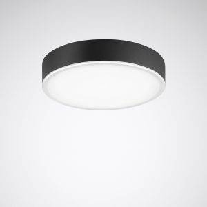Runde Deckenleuchte mit schwarzer Fassung und weißem Diffusor, gleichmäßig verteilt auf heller Decke.