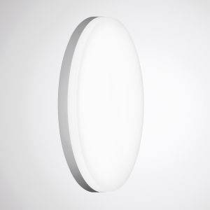 Runde, flache Wandleuchte mit weißem, rechteckigem Leuchtschirm, montiert auf einer glatten Wandoberfläche.