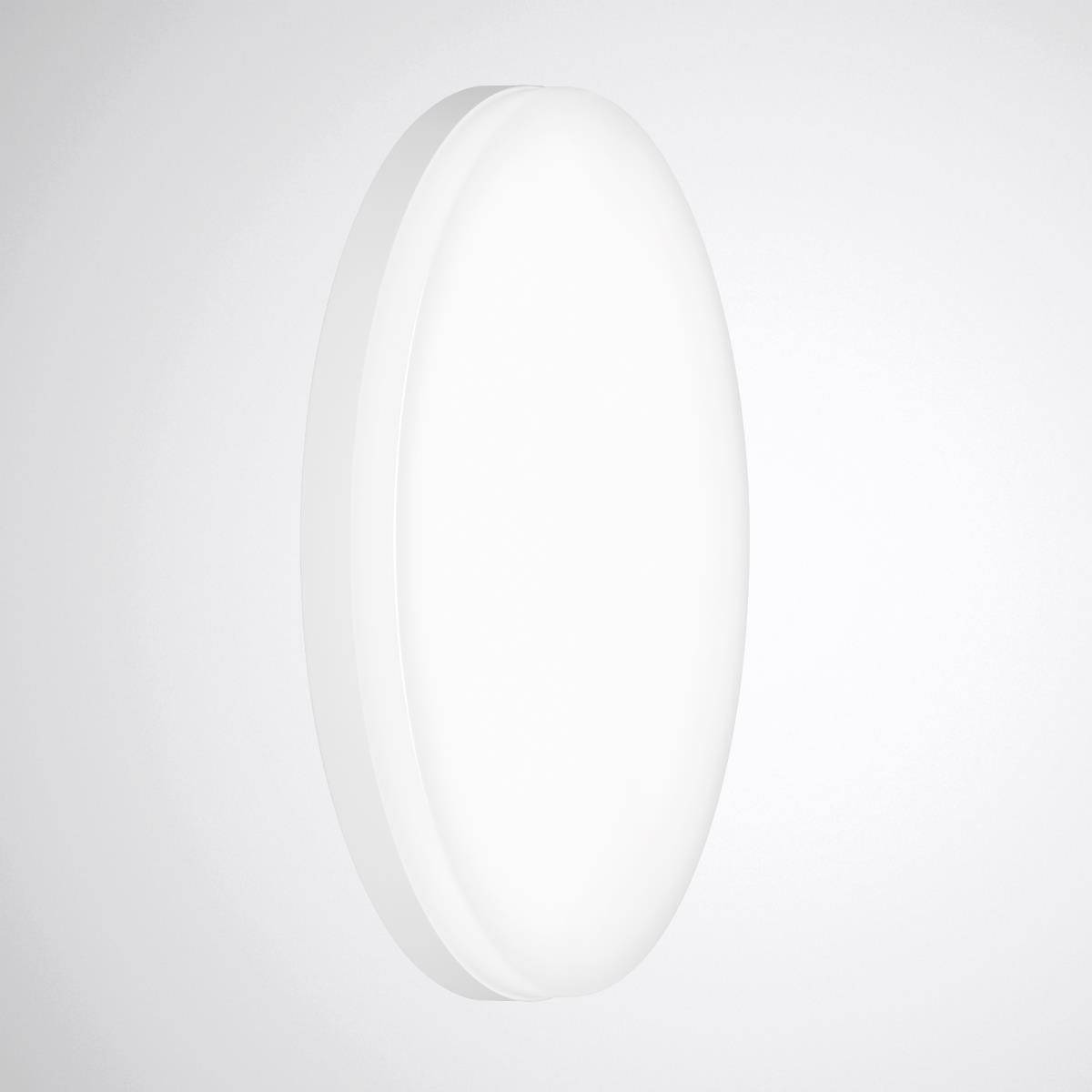 Runde, weiße LED-Wandleuchte in minimalistischem Design mit gleichmäßig leuchtender Oberfläche. Ideal für moderne Innenräume.