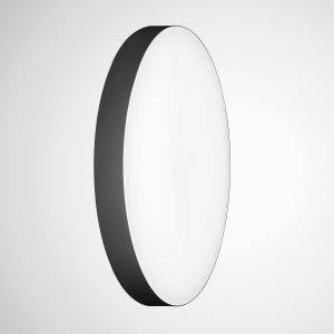 Runde, schwarze Lampe mit weißer, glatter Oberfläche vor grauem Hintergrund.