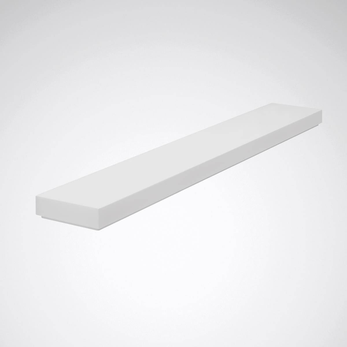 Ein schlichtes, weißes Wandregal aus Holz, rechteckig und schwebend montiert, vor einem neutralen, grauen Hintergrund.