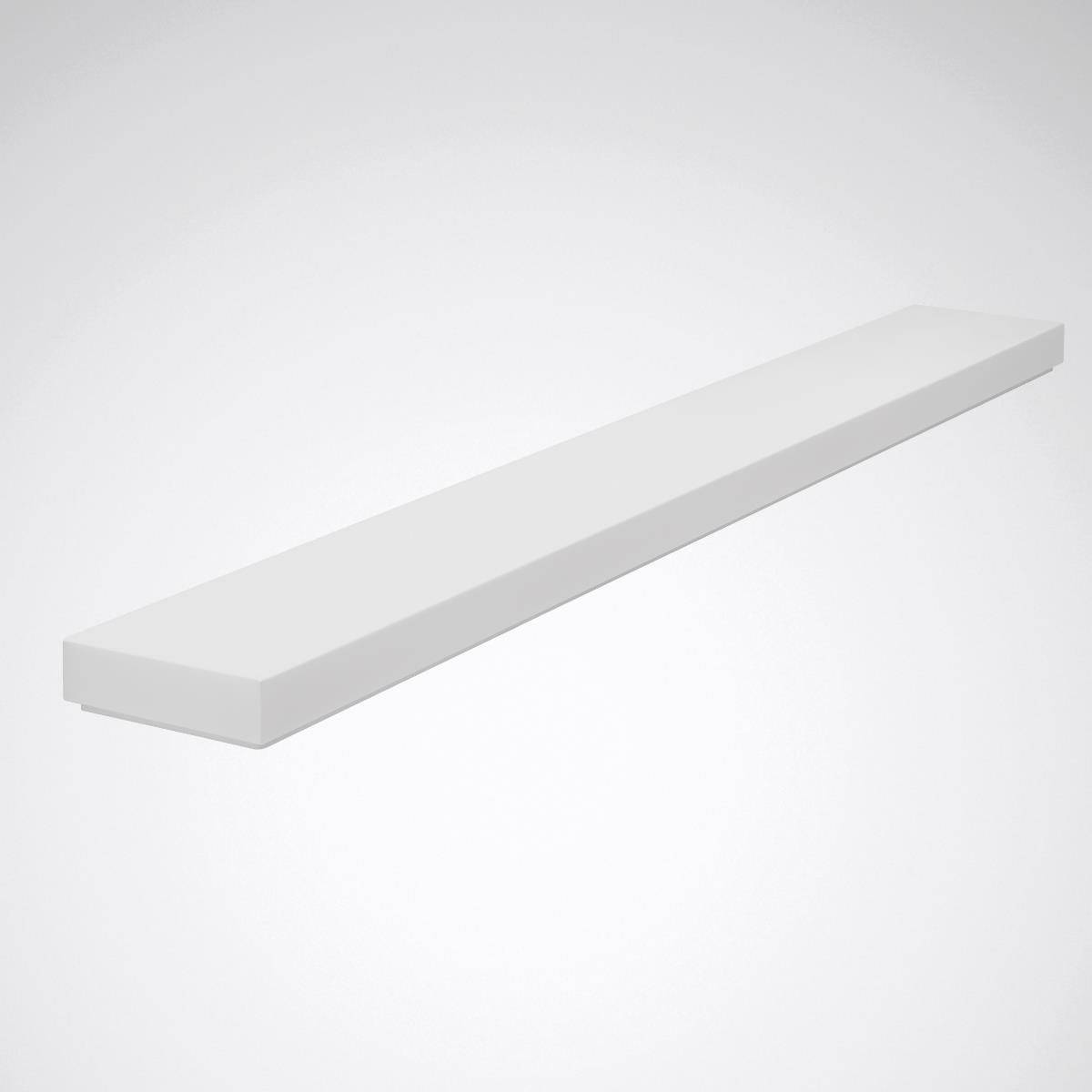 Ein einfaches, langes, weißes Regalbrett ohne sichtbare Halterungen, vor einem grauen Hintergrund dargestellt.