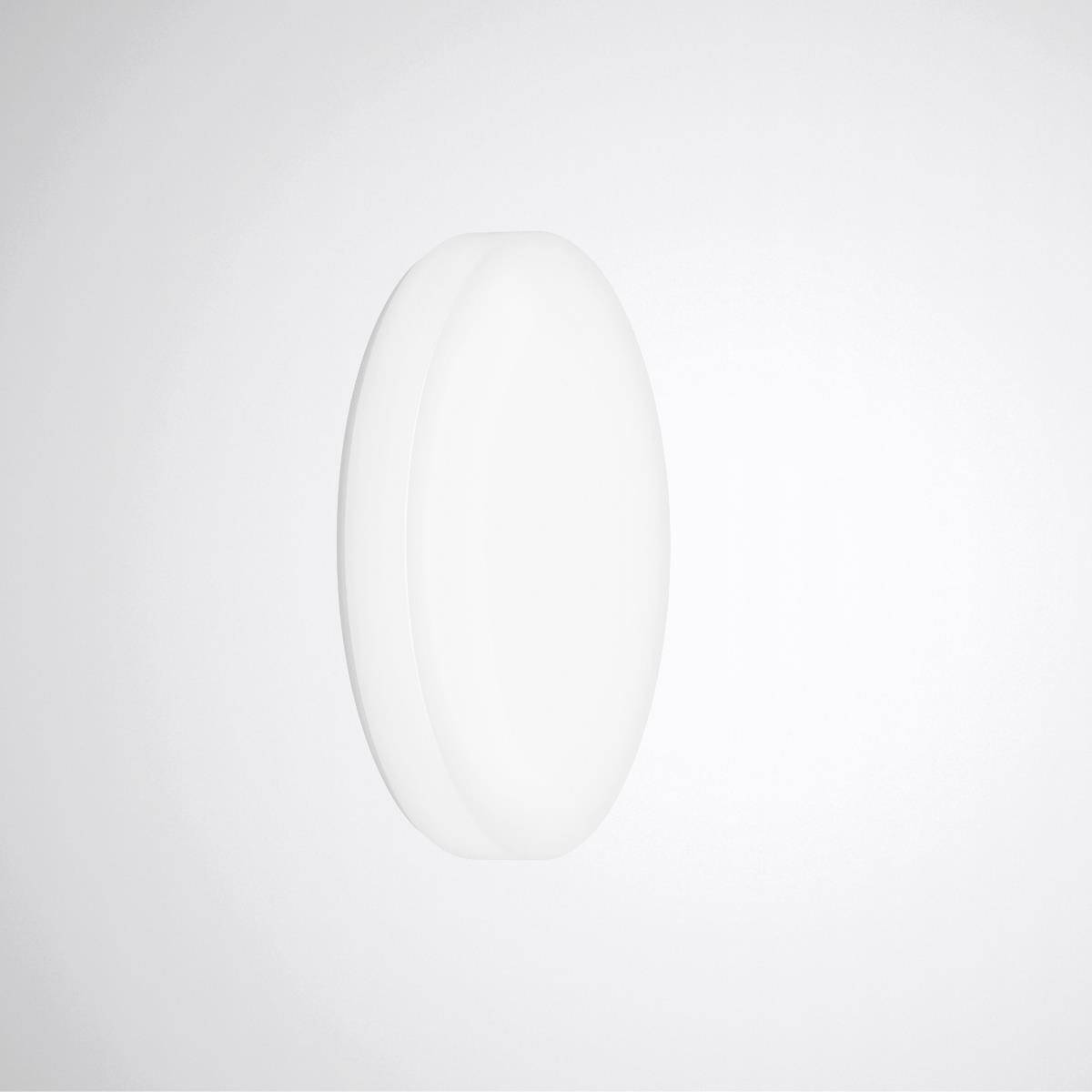 Ein einfaches, weißes, ovales Objekt vor einem ebenfalls weißen Hintergrund. Es wirkt als leuchtendes Element oder Lampe.