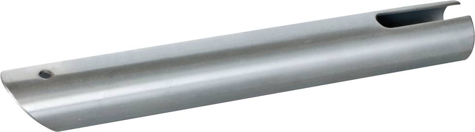 Metallrohrstück mit Aussparung und Loch, möglicherweise Teil eines Befestigungssystems oder einer Konstruktion.