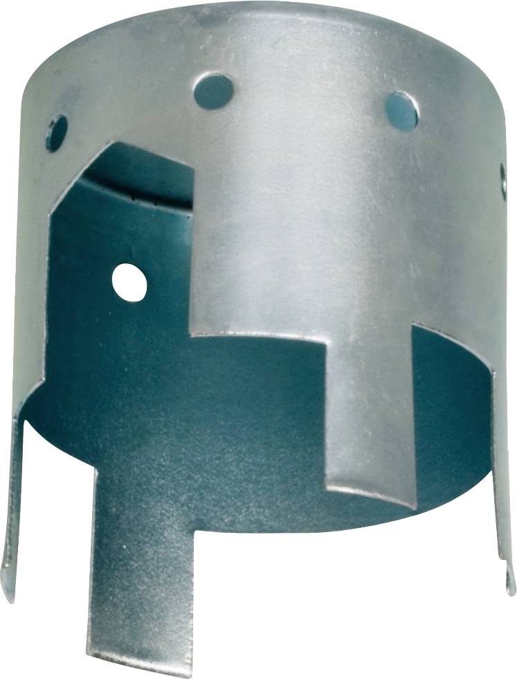 Metallobjekt mit zylindrischer Form, offenen Seiten und mehreren Löchern. Möglicher Bestandteil eines mechanischen oder technischen Geräts.