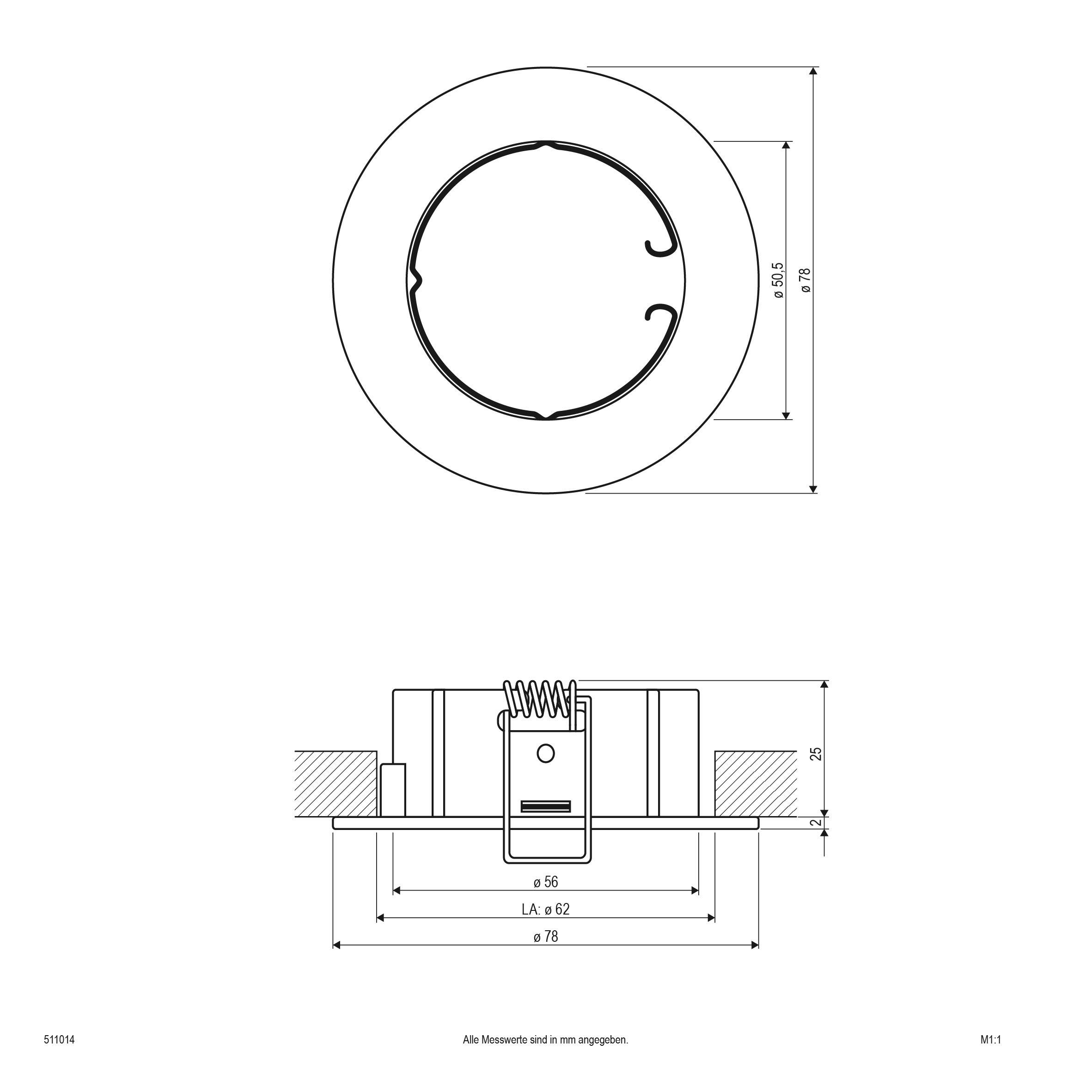Konstruktionszeichnung eines runden, einstellbaren Deckeneinbaurahmens mit Maßangaben; Durchmesser 95mm, Höhe 78mm.