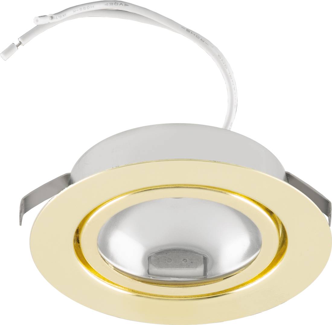 Runde, in der Decke eingelassene Leuchte mit goldener Verkleidung und angebrachtem weißem Kabel