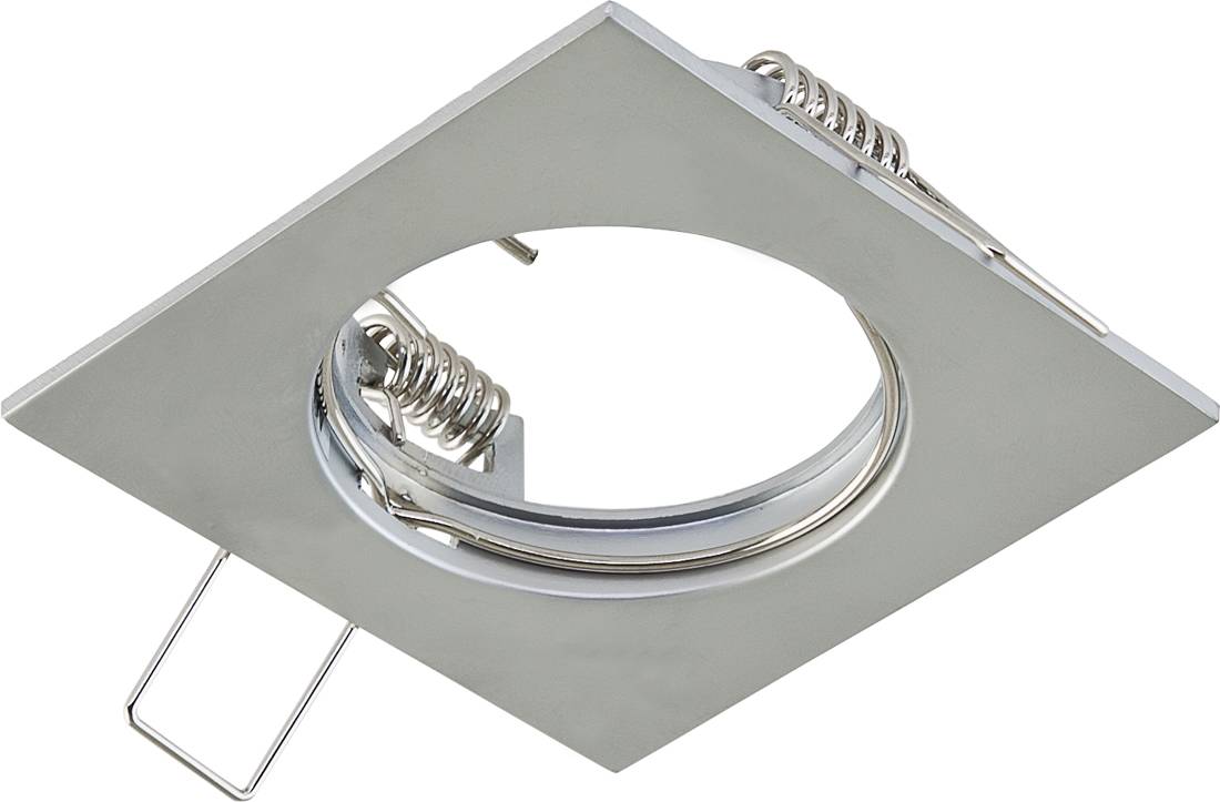 Quadratische bündige Deckenleuchten-Blende mit kreisförmiger Öffnung, dargestellt mit Federklemmen zur Montage auf weißem Hintergrund.