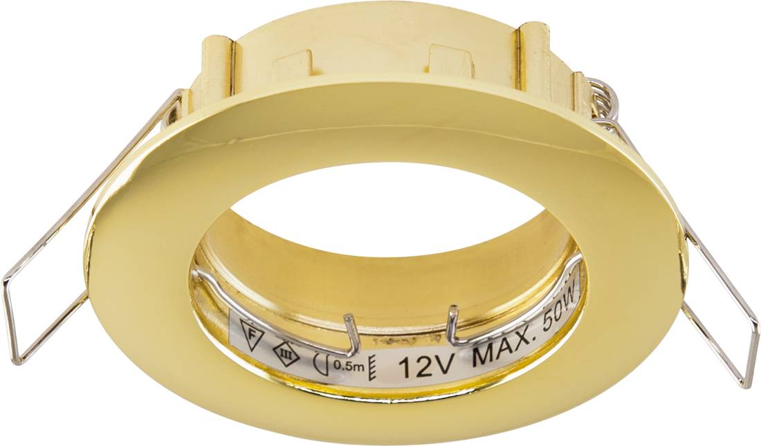 Gelbe eingelassene Deckenleuchte mit verstellbaren Federklemmen, beschriftet mit 12V max 50W.