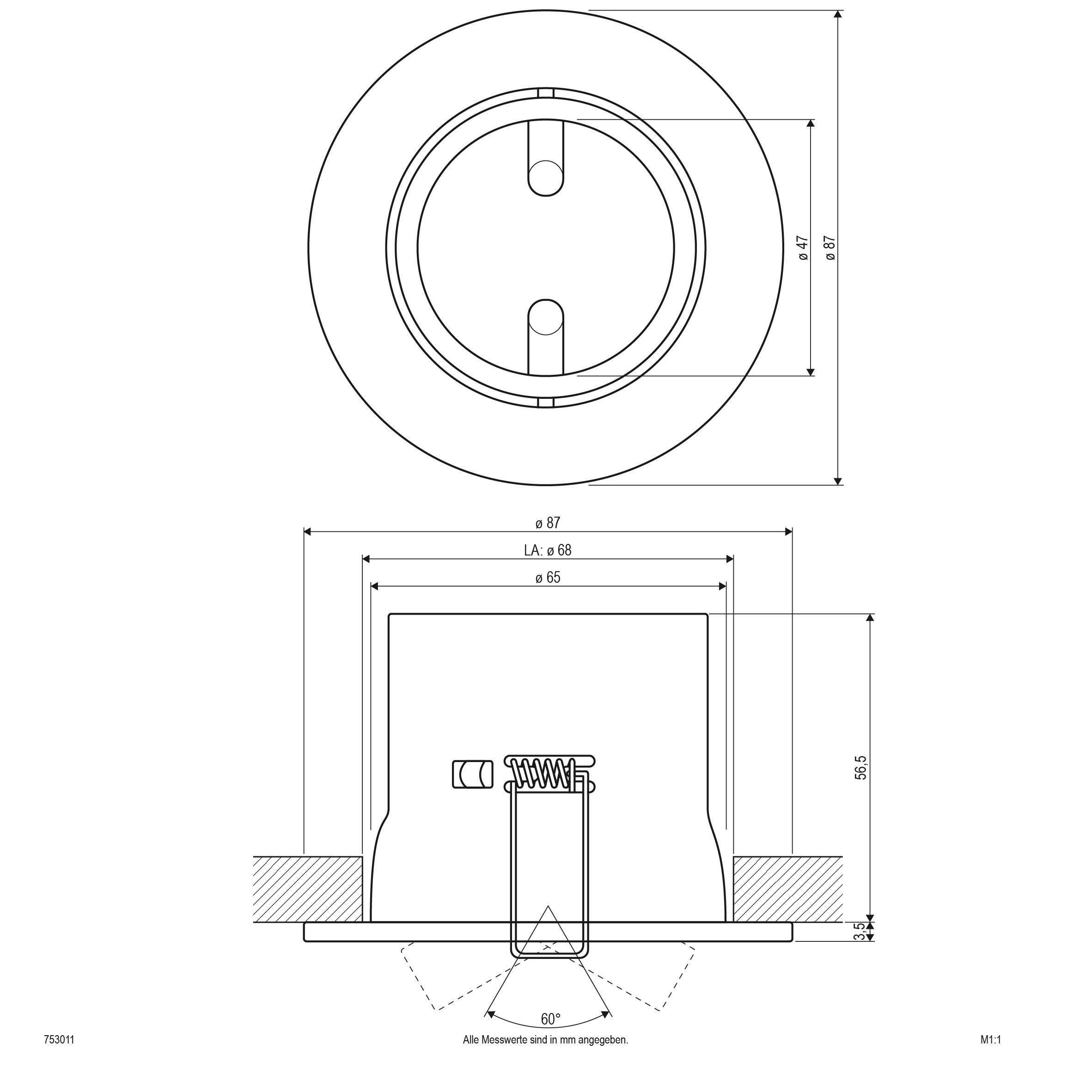 Technische Zeichnung eines runden Deckels mit Details zu Maßen: Durchmesser 87 mm, Höhe 65 mm, mit Federmechanismus unten.